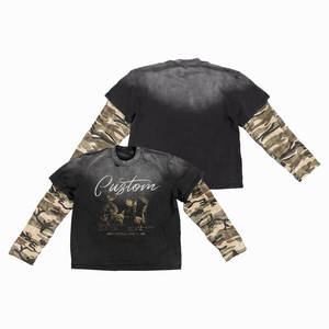 T-shirt unisexe à manches longues en coton 100% double couche, imprimé camouflage vintage délavé, avec logo personnalisé, pour homme - Product Image 1