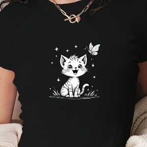 เสื้อยืดสั้นแฟชั่นลูกแมวกับผีเสื้อผู้หญิง - Product Image 3