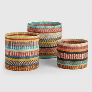 Ensemble de paniers de rangement décoratifs tissés à la main, paniers en jonc de mer rayés multicolores pour l'organisation de la maison, panier à linge de style bohème - Product Image 1