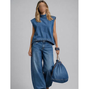 Débardeur en jean sans manches pour femme, col rond, couleur unie, coupe décontractée, longueur cheville, tissé délavé, imprimé numérique - Product Image 2