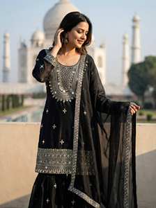Traje Sharara de Lujo Estilo Pakistaní – Kurta de Seda GMY Bordada de Manga Larga con Trabajo de Espejos para Fiestas y Eventos Festivos - Product Image 4