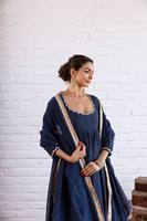 Salwar Kameez traditionnel bleu marine en coton avec bordure dorée, coupe ample, longueur cheville, vêtements décontractés pour femmes, style Inde Pakistan