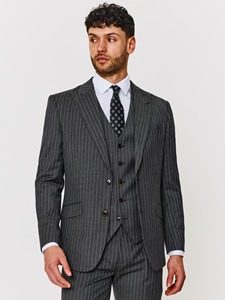Costume 3 pièces gris à fines rayures pour homme, coupe ajustée, blazer simple boutonnage, gilet, costumes d'affaires en laine, col cranté, longueur standard - Product Image 6