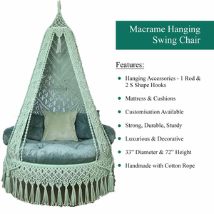 Bohemia Macram Swing <b>Chair</b> Pista Green with Cotton Rope,Velvet Cushion and Iron Frame for Indoor Outdoor Home Décor Garden Jhula - Product Image 6