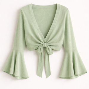 Blusa OEM ODM Linda, Transpirable y Sencilla con Lazo Delantero y Mangas Campana para Mujer, Tejida de Alta Calidad - Product Image 3