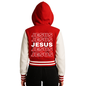 Blouson universitaire régulier pour femme 'Jesus Cristo Team Jesus' rouge et blanc à capuche, style bomber, éco-responsable, pour streetwear inspiré par la foi - Product Image 5