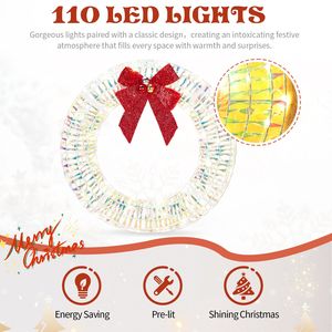 Ghirlanda Natalizia da Esterno in PVC Iridescente Pre-Illuminata da 24 Pollici con Luci LED Bianco Caldo e Fiocco Rosso, Articolo Natalizio per Interni - Product Image 2