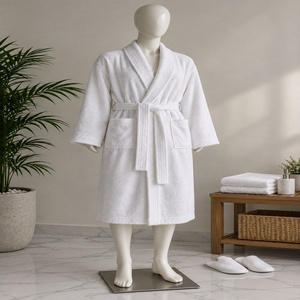 Bata de Baño Larga para Mujer, 100% Algodón, Suave, Cuello Clásico, Manga Larga, Blanca, para Invierno - Product Image 1