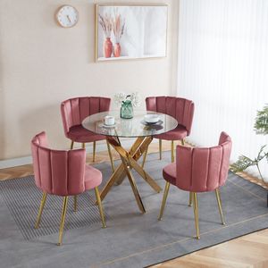 Set da Pranzo Mid-Century 1+4,5 Pezzi con Tavolo con Gambe in Metallo per 4-6 Persone, Piano in Vetro, Tavolo da Pranzo con Base a Piedistallo per Sala da Pranzo - Product Image 1