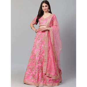 Lehenga Choli de Seda Tailandesa Bordada en Rosa para Novia - Product Image 5