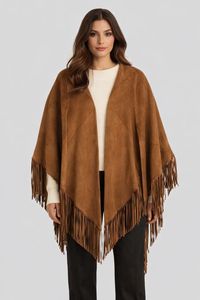 Women's Brown Suede Polyester Square Fringe Shawl Solid Color Long <b>Poncho</b> for Autumn Daily Wear - Product Image 2