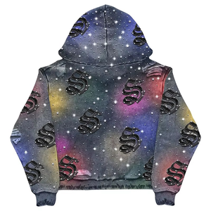 Dirty Saints Hooded Zipper <b>Jacket</b> Men Oversized Streetwear Printed Polyester Knitted Sweatshirt with Pockets and <b>Rhinestone</b> Deta - Product Image 4