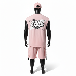 Conjunto de camiseta sin mangas y pantalones cortos para hombre, de algodón y poliéster, con acabado liso, color rosa, con panel cargo. - Product Image 2