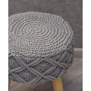 Grey Round Macrame Covered <b>Ottoman</b> <b>Stool</b> with Wooden Legs Boho Footrest Pouf for Living Room Hotel Cafe Decor - Product Image 3