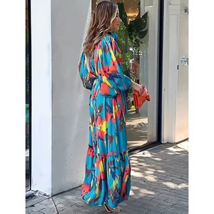 Abito Lungo da Donna con Stampa a Contrasto, Monopetto, Maniche a Lanterna, Collo a Volant, Stile Casual Autunnale - Product Image 2