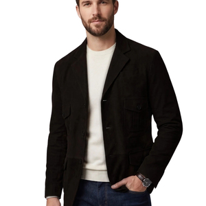 Veste safari marron en cuir pour homme, coupe ajustée, col rabattu, quatre poches, simple boutonnage - Product Image 4