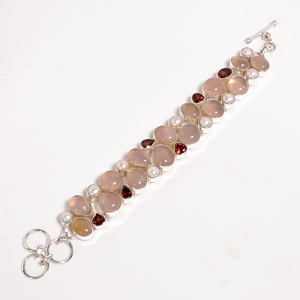 Pulsera de Cuarzo Rosa Natural, Granate y Perla de Agua Dulce, Plata de Ley 925, Hecha a Mano, con Gemas, para Navidad - Product Image 3
