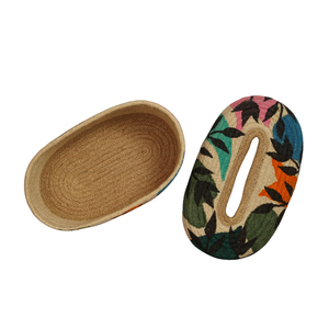 Cubierta para Caja de Pañuelos Ovalada Ligera de Yute Natural Ecológico, Tejida a Mano con Patrón Botánico Colorido, Decorativa para Mesa - Product Image 3