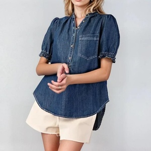 Camisa de Mezclilla para Mujer, Corte Recto, Bolsillos, Blusa Holgada con Mangas Abullonadas - Product Image 4