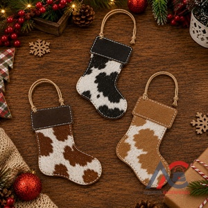 Wholesale Handmade Genuine Hair-On Cowhide Leather <b>Small</b> Stocking Hanging Rustic <b>Ornament</b> Holiday Hanging Decoration Christmas - Product Image 1