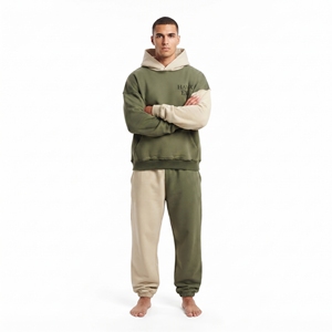 Ensemble sweat à capuche et jogging bicolore pour homme, olive beige, coupe ample, manches longues, survêtement décontracté, logo sur le devant et poches latérales - Product Image 3