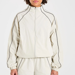 Women Tracksuit Set Beige Zip Up Jacket And Full Length <b>Pants</b> With Contrast Piping - Product Image 3