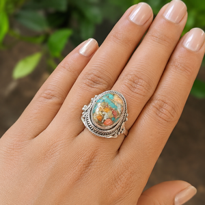 Natural Oyster Turquoise Mosaic Vintage Bezel Setting <b>Statement</b> <b>Ring</b> 925 Sterling <b>Silver</b> Handmade Boho Cocktail <b>Ring</b> Yellow Rose - Product Image 2