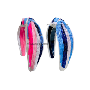 Serre-tête bleu noué fait main pour femme avec motif empreinte de patte en perles blanches, personnalisable, accessoire capillaire pour supporter sportif - Product Image 2