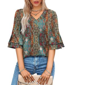 Blusa retro con estampado floral para mujer, cuello en V, manga larga, corte holgado, estilo bohemio para uso diario en otoño - Product Image 1