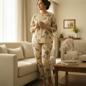 Ensemble de vêtements de nuit en coton beige pour femmes, imprimé animaux et palmiers, tenue confortable pour la maison, deux pièces - Product Image 1