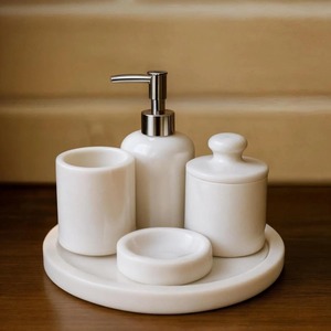 High Marble Bathroom Set 4-Piece Round Soap Dispenser <b>Toothbrush</b> <b>Holder</b> Tray Minimalist Style Easy To Clean - Product Image 1