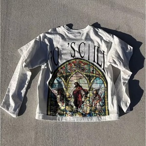 T-shirt personnalisé à col rond, coupe carrée et courte, impression sérigraphique, streetwear, t-shirt à manches longues double couche pour homme - Product Image 3