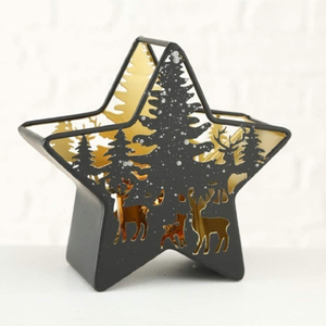 Support de bougie décoratif en fer noir en forme d'étoile avec scène de Noël découpée au laser (arbre et rennes) pour les fêtes - Vente en gros - Product Image 1