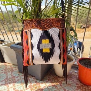 Western Stylish Saddled <b>Blanket</b> Handbag Handcrafted Tooled Strap Aztec Leather Sling Bag Vintage Multi Color Top Handle Bag - Product Image 4