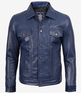 Veste en cuir véritable de mouton bleu, style trucker, avec une couleur bleu vif et des boutons classiques argentés. - Product Image 1