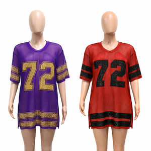 Robe T-shirt en maille surdimensionnée pour femme, ornée de strass scintillants numéro 72, sexy et transparente, style athlétique, clubwear, streetwear - Product Image 1