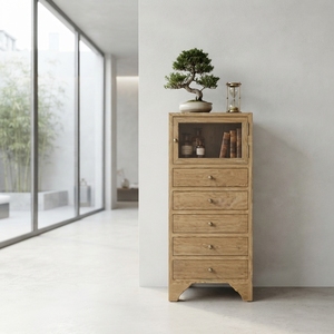 Solid Wood Storage Drawer <b>Cabinet</b> Modern Rustic Glass Door 5 Drawer Chest Natural Teak Style Wooden Drawers Carts Furniture - Product Image 5