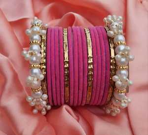 Green Velvet <b>Bangles</b> With Pearl And Gold Accents Women's Jewelry Set - Product Image 5