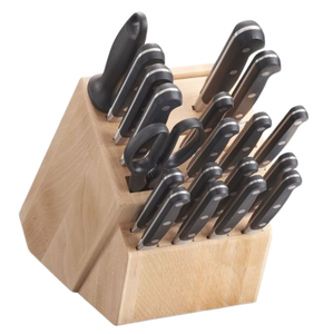 Ensemble de couteaux de cuisine à lames argentées et poignées rivetées noires avec bloc de rangement beige et ciseaux pour couper les fruits et préparer les légumes - Product Image 1