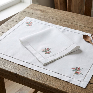 Custom Wholesale Embroidery Red Flower Placemat&Napkin Set White Cotton Hemstitch <b>Mats</b> for Home Restaurant Events - Product Image 2