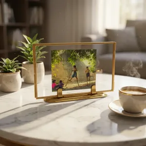 Artisan Design Brass/Glass Rectangle <b>Photo</b> <b>Frame</b> Horizontal Display Stand Desk Decor Tabletop Picture <b>Frame</b> - Product Image 3