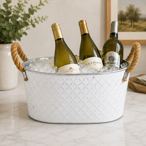 Bandeja para Bebidas Rústica Blanca con Acabado Desgastado y Asas de Cuerda de Cáñamo, Ovalada, de Metal Galvanizado, para Bodas y Fiestas - Product Image 5