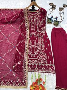 Ensemble de costume luxueux en faux georgette brodé avec pantalon palazzo et dupatta pour femmes - Product Image 2