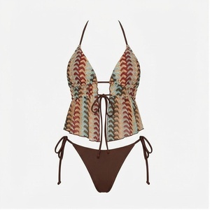 Women Geometric Print 2 Piece Bikini Set Deep V Neck Halter Top With Drawstring Tie Side Bottoms - Product Image 1