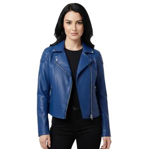 Professional Grade Blue Leather Biker Jacket Women Custom Motorbike Style Bulk Wholesale Genuine Leather Supply Factory Price - Product Image 1