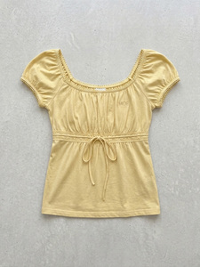 Blusa de Mujer con Logotipo Personalizado, Mangas Abullonadas Amarillas, Cuello Cuadrado, Cintura Ajustada, Estilo Casual, Primavera-Verano, Inspiración Vintage, Estilo Cottagecore - Product Image 3