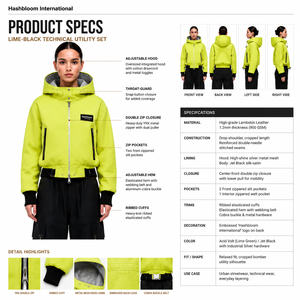 Chaqueta Bomber de Piel de Cordero Ligera, Corta, con Capucha, Color Verde Neón, Estilo Urbano y Táctico para Mujer, Otoño/Invierno, Personalizable OEM - Product Image 5