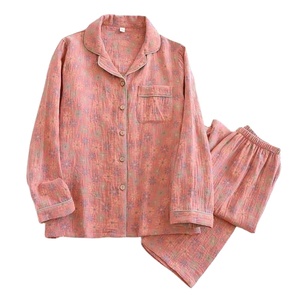 2025 Nueva Primavera Verano pijama térmico para mujer traje de manga larga 100% algodón crepé con hojas de flores ropa de casa de dos piezas - Product Image 5