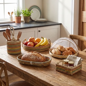 ViettimeCraft Coiled Seagrass Customized Dinning Organizer Set Woven Picnic Cutlery <b>Caddy</b> <b>Food</b> Cover Dome Rustic Dining Serving - Product Image 3