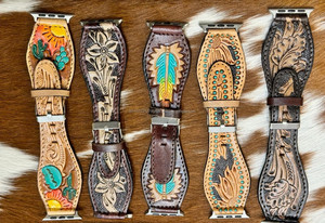 Nouveau best-seller Bracelet de montre en cuir véritable fait à la main personnalisé styliste floral peint bracelet montre de remplacement boho western - Product Image 3